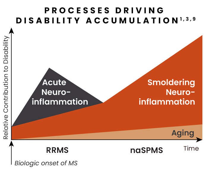 Illustration depicting shifting contribution to disability of acute and smoldering neuroinflammation.